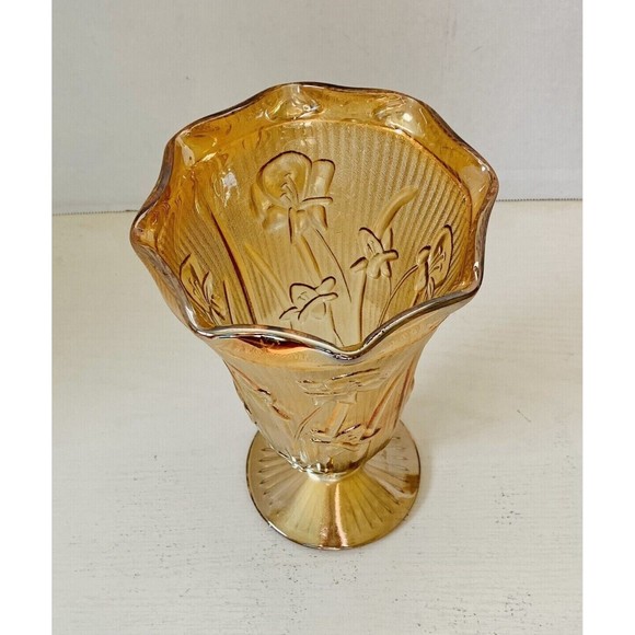 Jeanette Glass Iris & Herringbone Marigold Tall Footed Vase 9" Tall - Picture 3 of 6